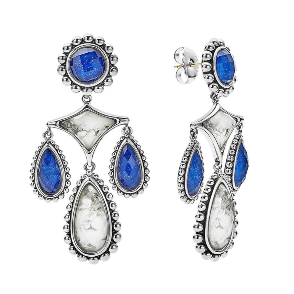 ❤️ LAGOS VERY RARE MAYA CHANDELIER EARRINGS LAPIS LAZULI HOWLITE sterling silver